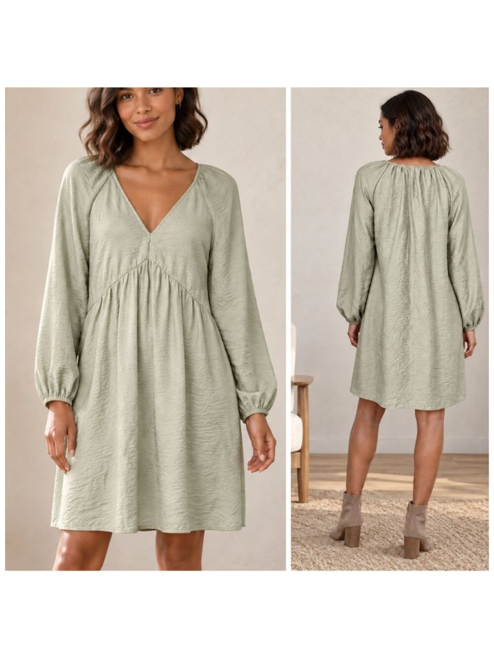 H&M Green Crinkle Satin Babydoll Dress S Long Sleeve V Neck Boho Mini